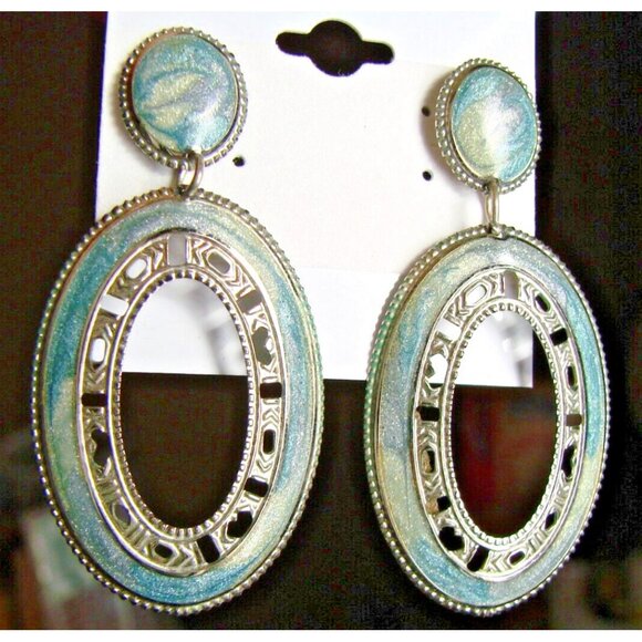 Silver Tone Western Concho Style Earrings Oval Blue Green Enamel Swirl Fashion - Picture 2 of 9